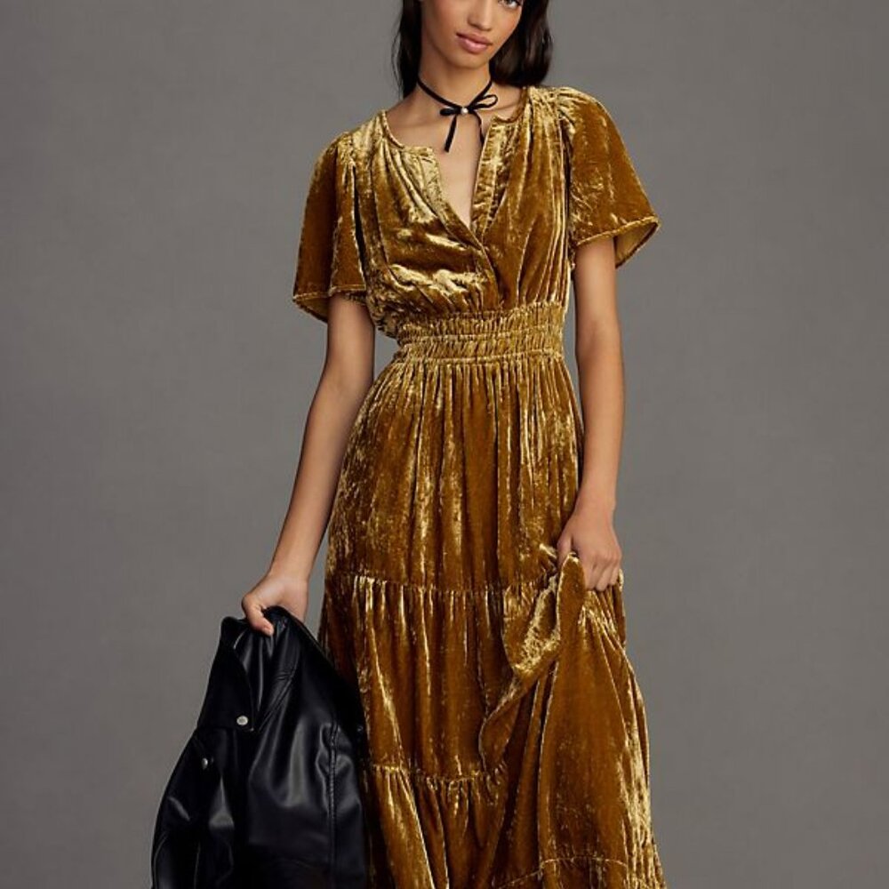 New Anthropologie The Somerset Maxi Dress: Velvet Edition Gold  NWT